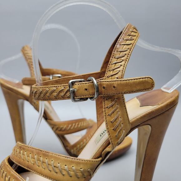 VTG Miu Miu Stilettos Leather Cognac Brown Open Toe Slingback Strappy Heels 10 - Picture 4 of 16